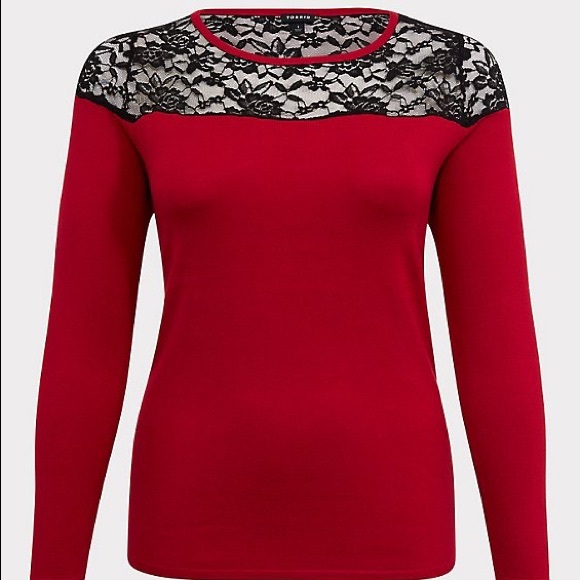 RED SWEATER-KNIT & LACE YOKE TOP - Picture 2 of 4